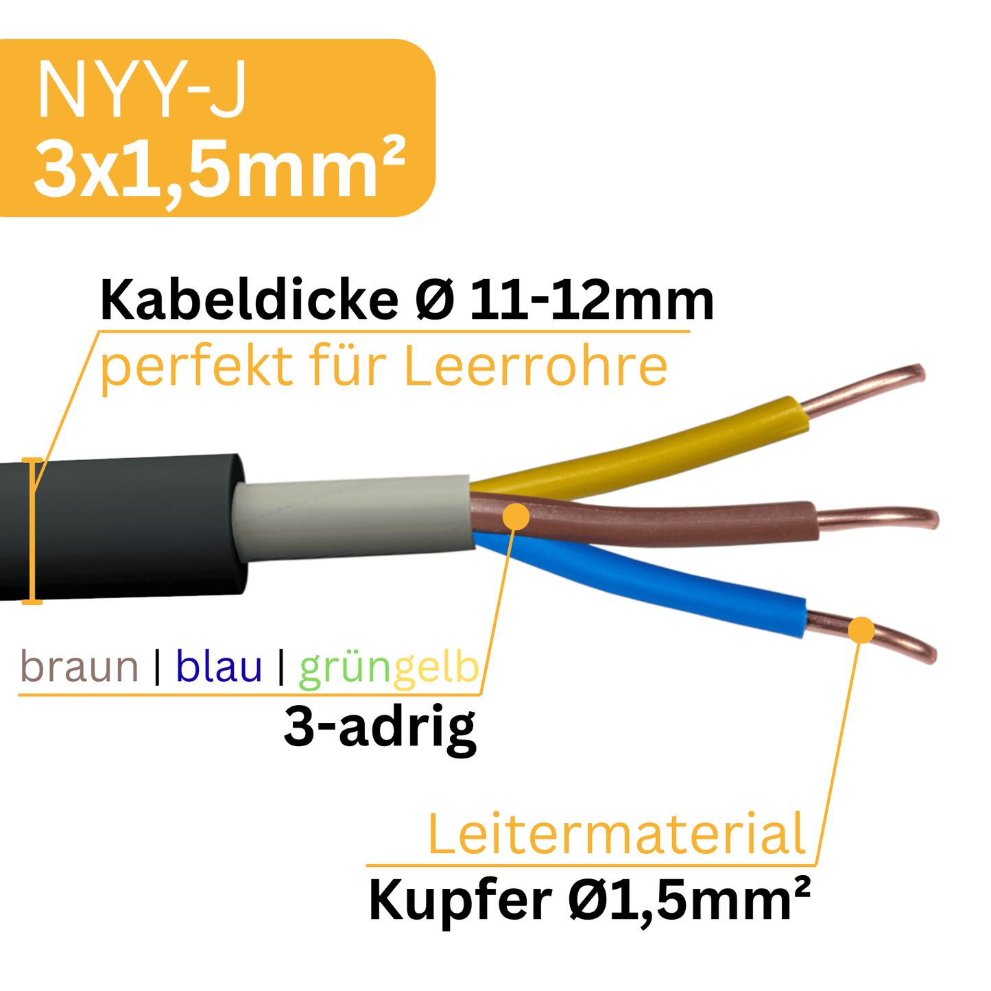 Erdkabel NYY 3x1,5mm² 5-100m