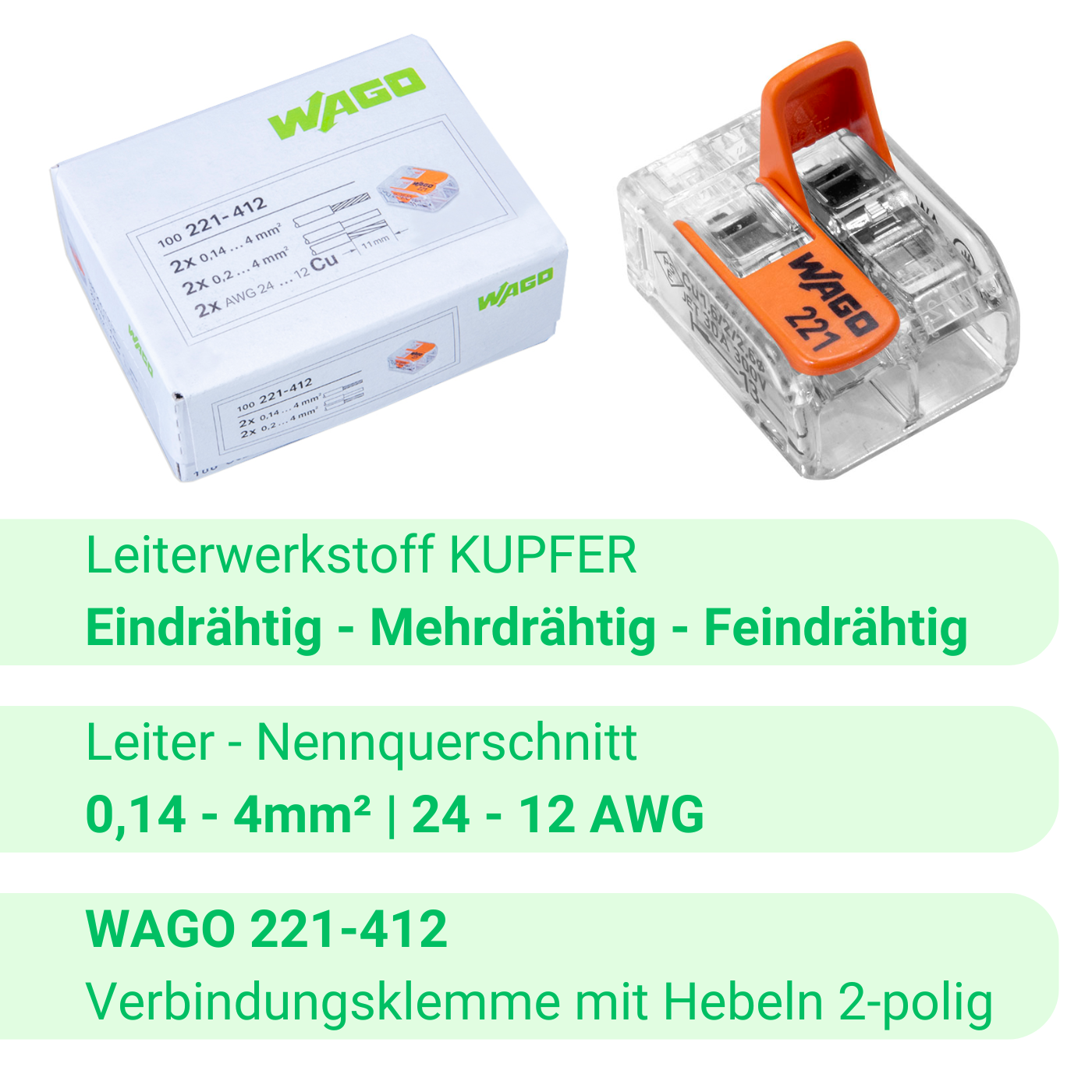 WAGO 221-412 | 2-Polig | max. 4mm² Hebelklemmen