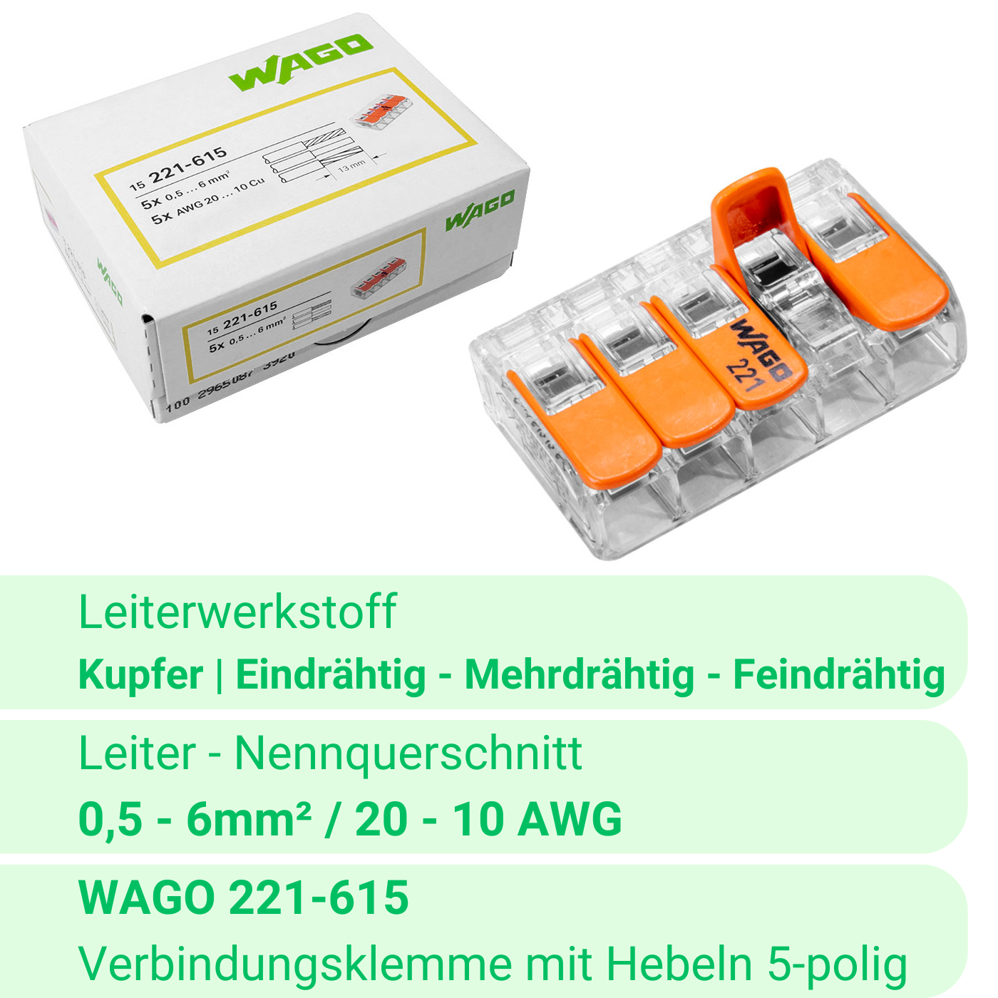 WAGO 221-615 | 5-polig | max. 6mm² Hebelklemmen