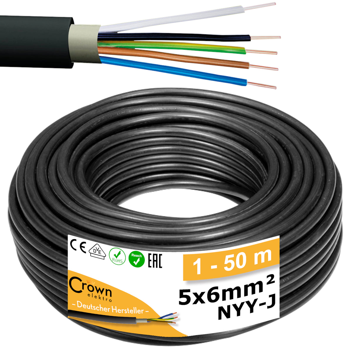 NYY-J 5x6mm² Erdkabel für Außenbereich | 1-50m