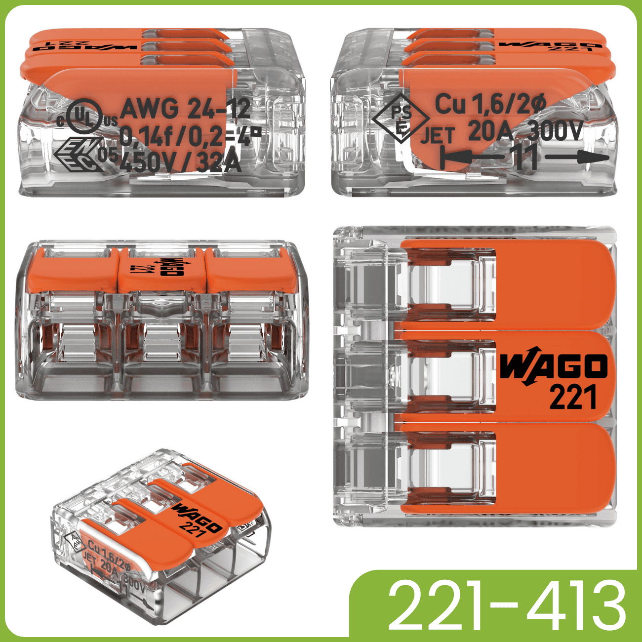 WAGO 221-413 | 3-Polig | max. 4mm² Hebelklemmen