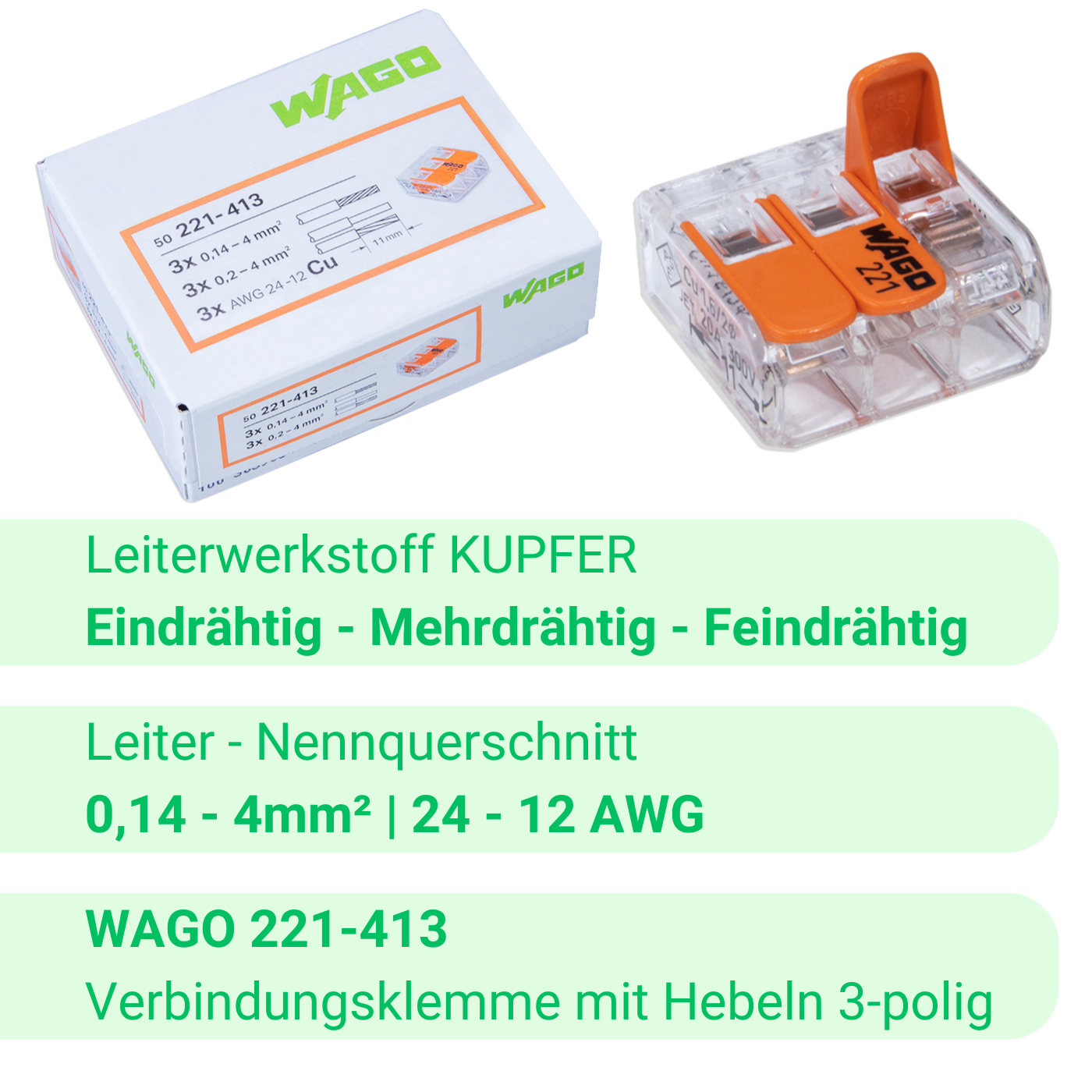 WAGO 221-413 | 3-Polig | max. 4mm² Hebelklemmen