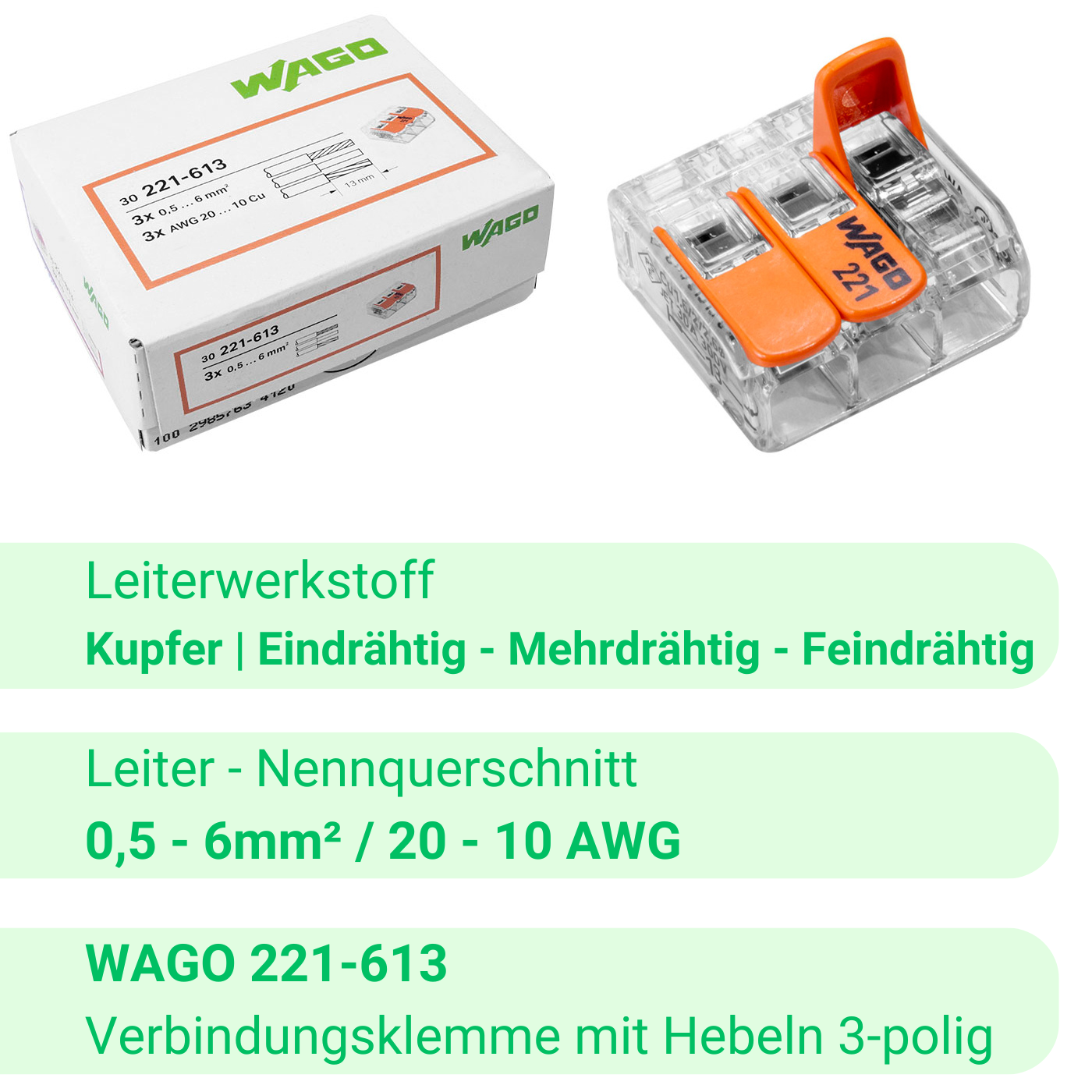 WAGO 221-613 | 3-polig | max. 6mm² Hebelklemmen