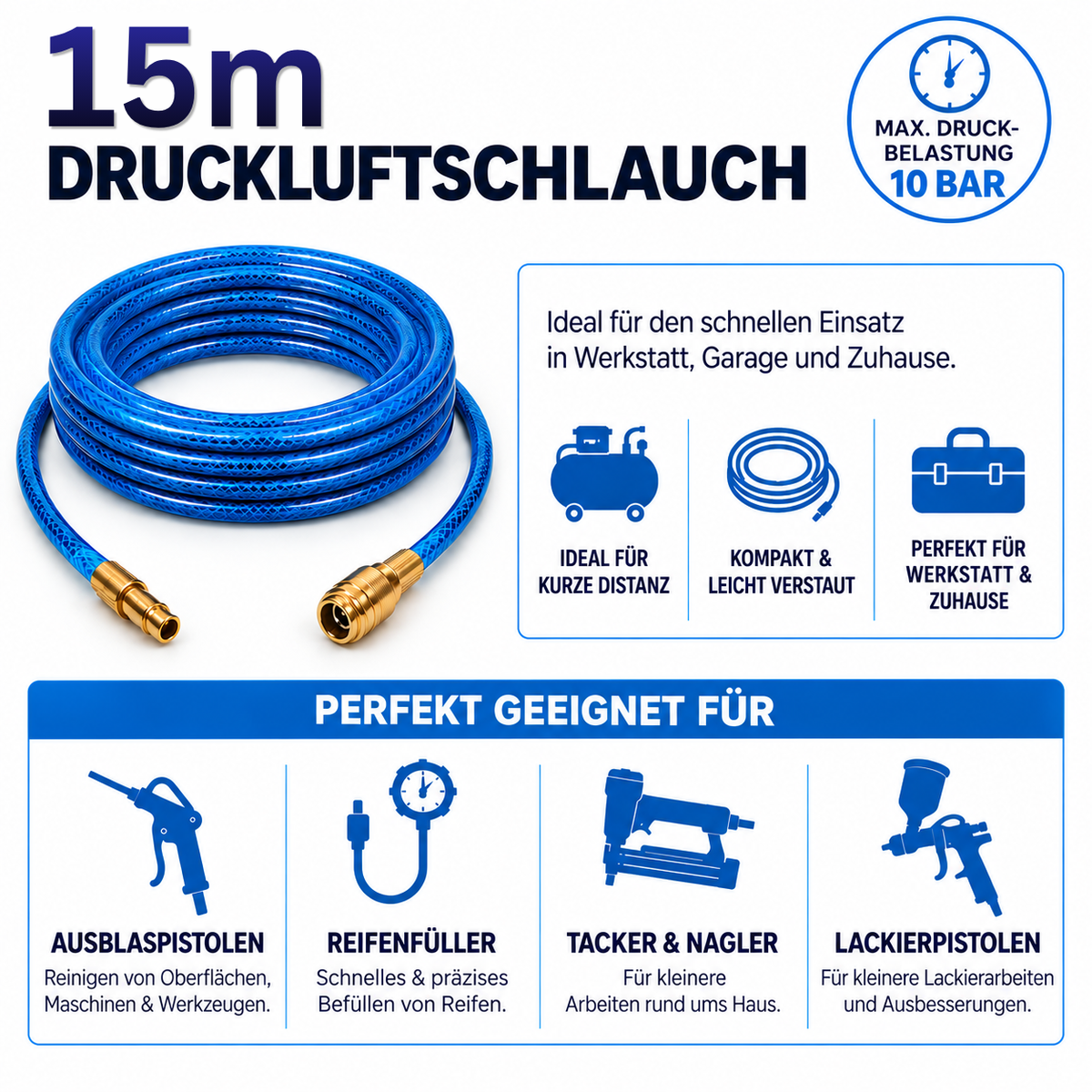 15m Druckluftschlauch 6x3mm fertig armiert mit NW7,2 Schnellkupplung