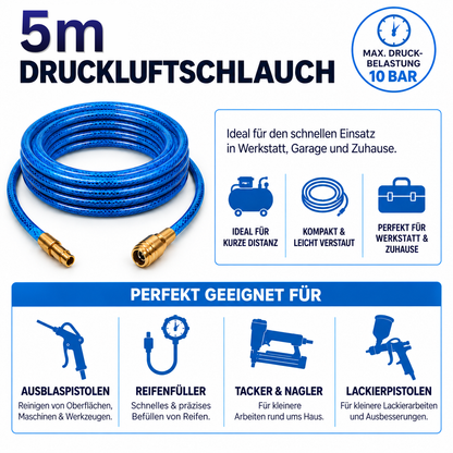 5m Druckluftschlauch 9x3mm fertig armiert mit NW7,2 Schnellkupplung