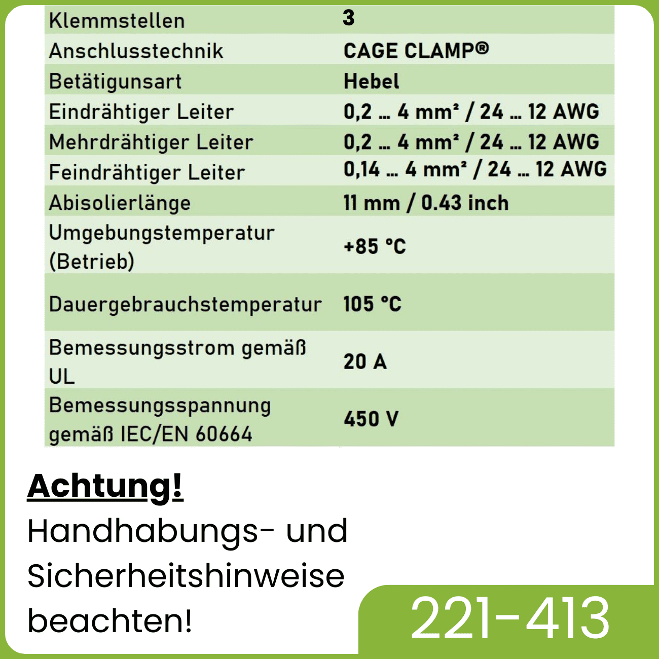WAGO 221-413 | 3-Polig | max. 4mm² Hebelklemmen