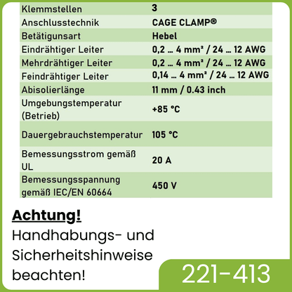 WAGO 221-413 | 3-Polig | max. 4mm² Hebelklemmen