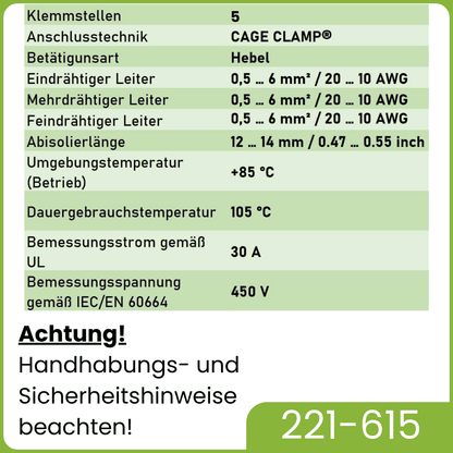 WAGO 221-615 | 5-polig | max. 6mm² Hebelklemmen