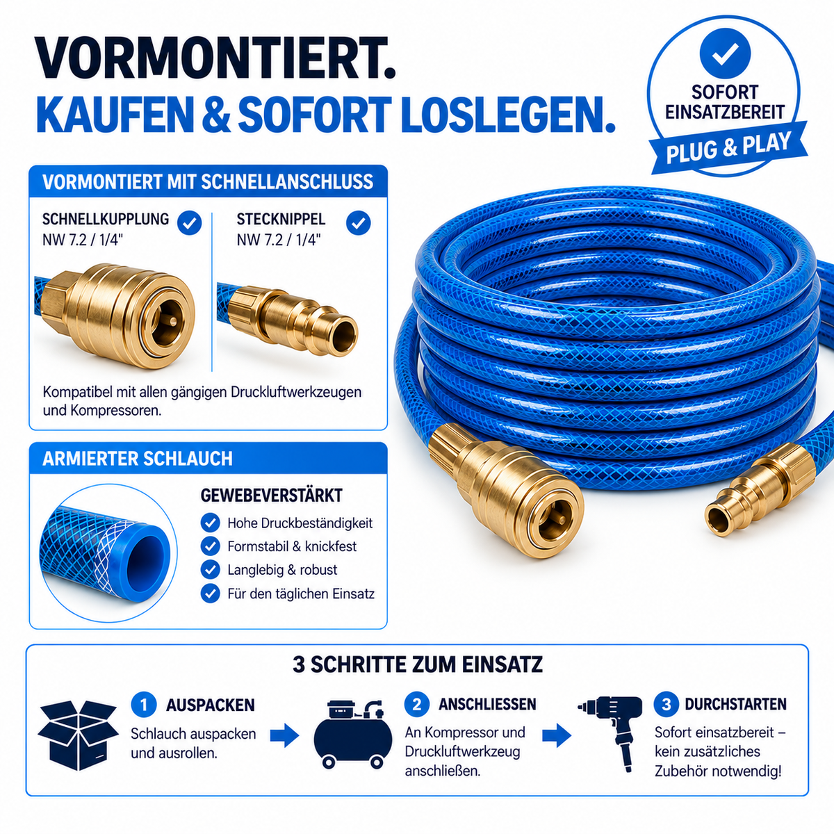 5m Druckluftschlauch 9x3mm fertig armiert mit NW7,2 Schnellkupplung