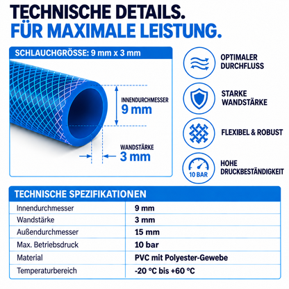 5m Druckluftschlauch 9x3mm fertig armiert mit NW7,2 Schnellkupplung