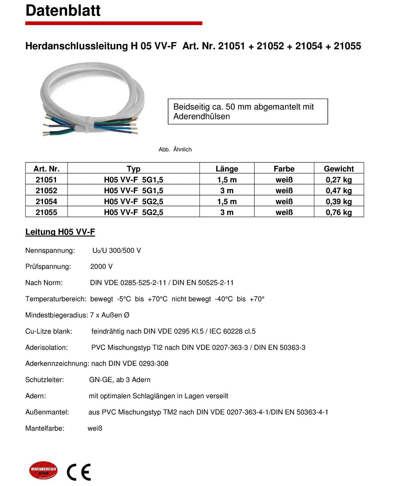 Herdanschlusskabel H05VV-F 5x2,5mm² | 5G2,5 400V | 1,5m - 5m