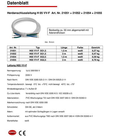 Herdanschlusskabel H05VV-F 5x2,5mm² | 5G2,5 400V | 1,5m - 5m